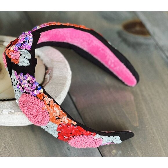 Pink Red Roses Embroidered Top Knot Headband - Picture 1 of 3